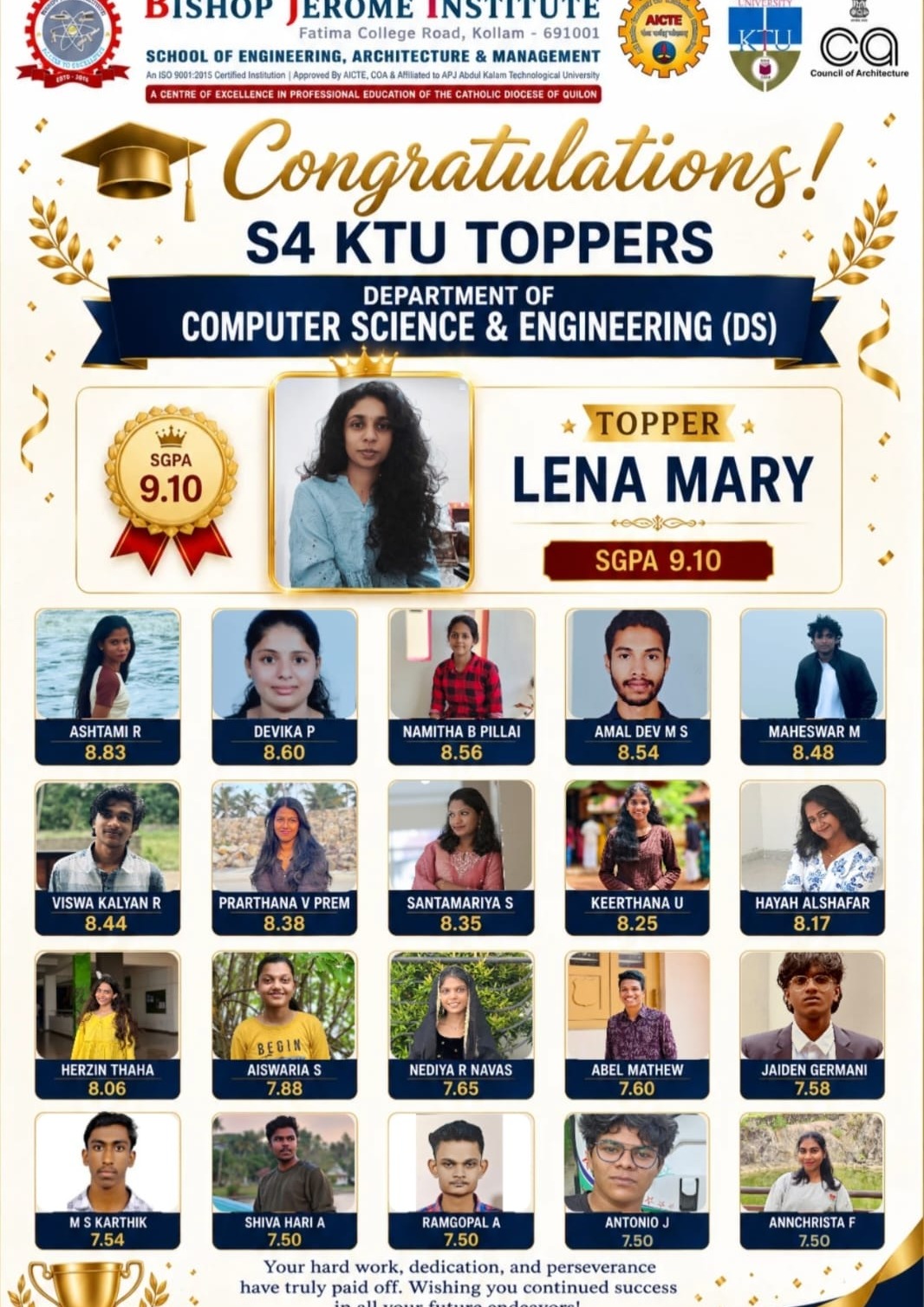 Bishop Jerome Institute Celebrates S4 KTU Toppers in Computer Science & Engineering (Data Science)